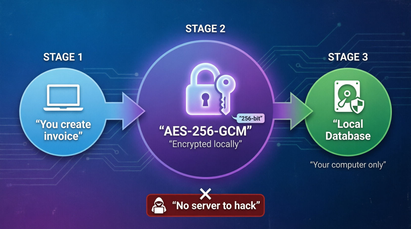Technical diagram: data flows through AES-256 encryption block to local storage, with crossed-out cloud icon showing no cloud dependency